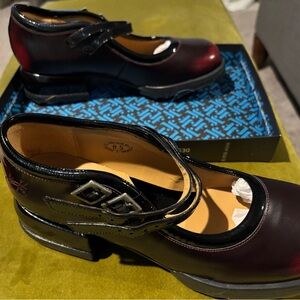 John Fluevog Black and Red Flats with Strap Design